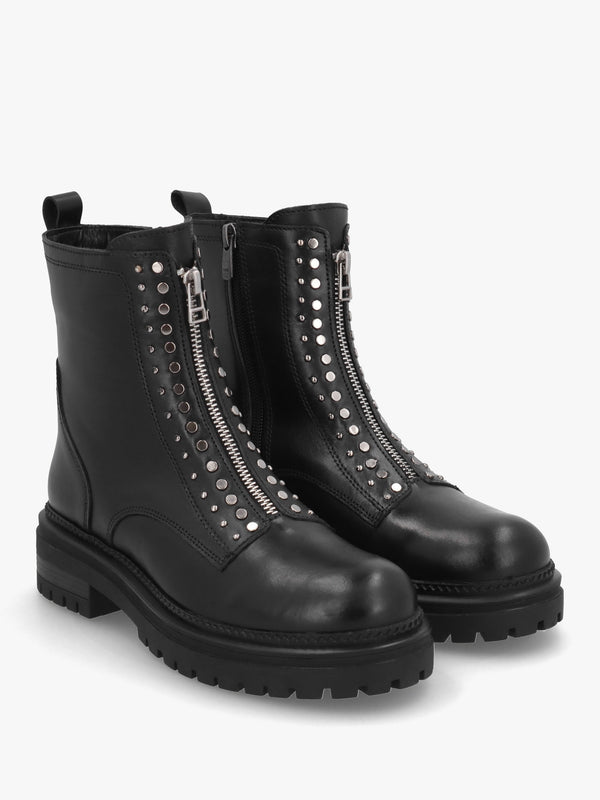 Istuds Black Leather Zip Front Ankle Boots