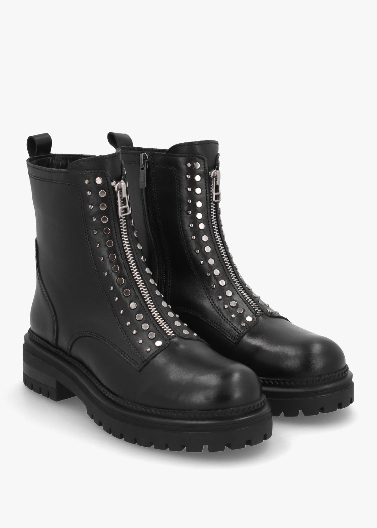 Istuds Black Leather Zip Front Ankle Boots