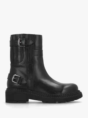 Ibuck Black Leather Chunky Biker Boots