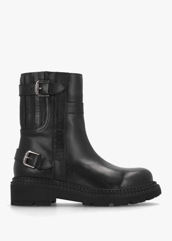 Ibuck Black Leather Chunky Biker Boots
