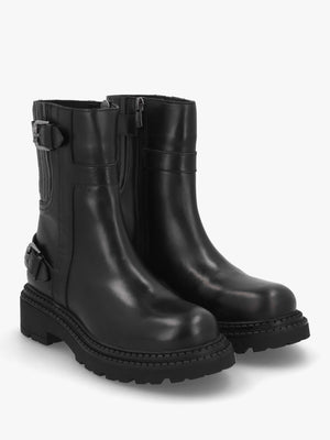 Ibuck Black Leather Chunky Biker Boots