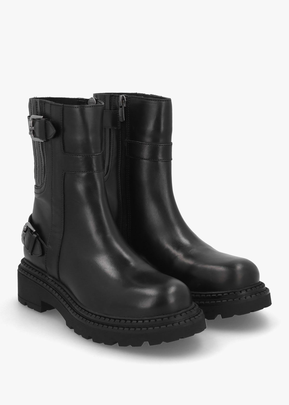 Ibuck Black Leather Chunky Biker Boots