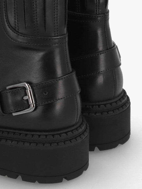 Ibuck Black Leather Chunky Biker Boots