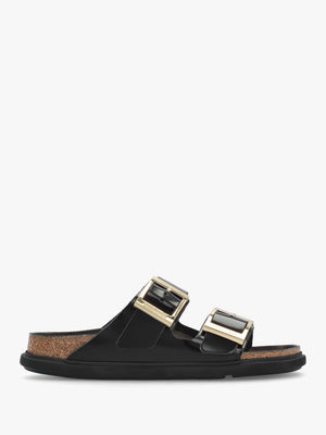 Arizona Droplet Buckle High Shine Black Natural Patent Leather Mules