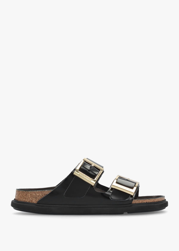 Arizona Droplet Buckle High Shine Black Natural Patent Leather Mules