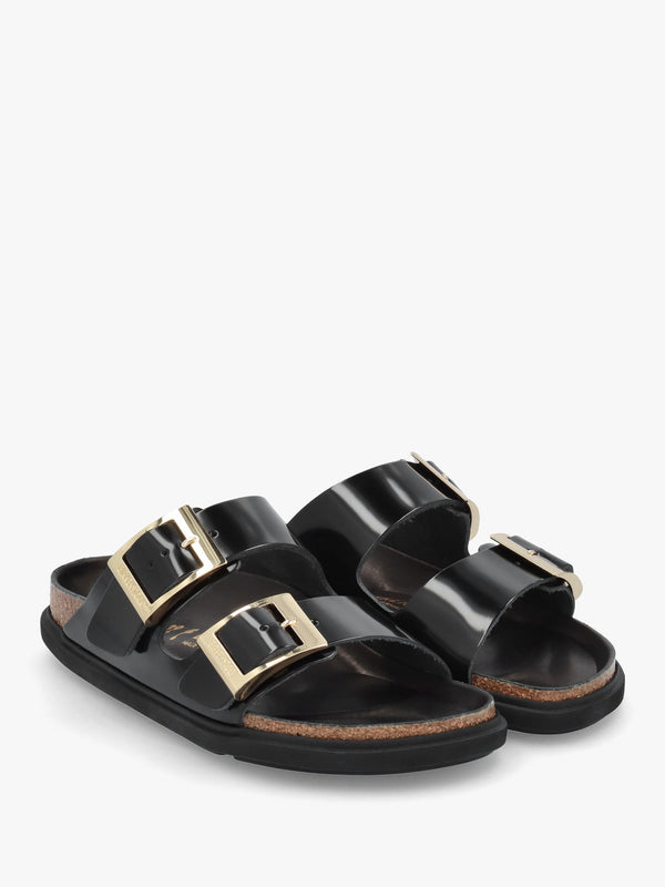 Arizona Droplet Buckle High Shine Black Natural Patent Leather Mules