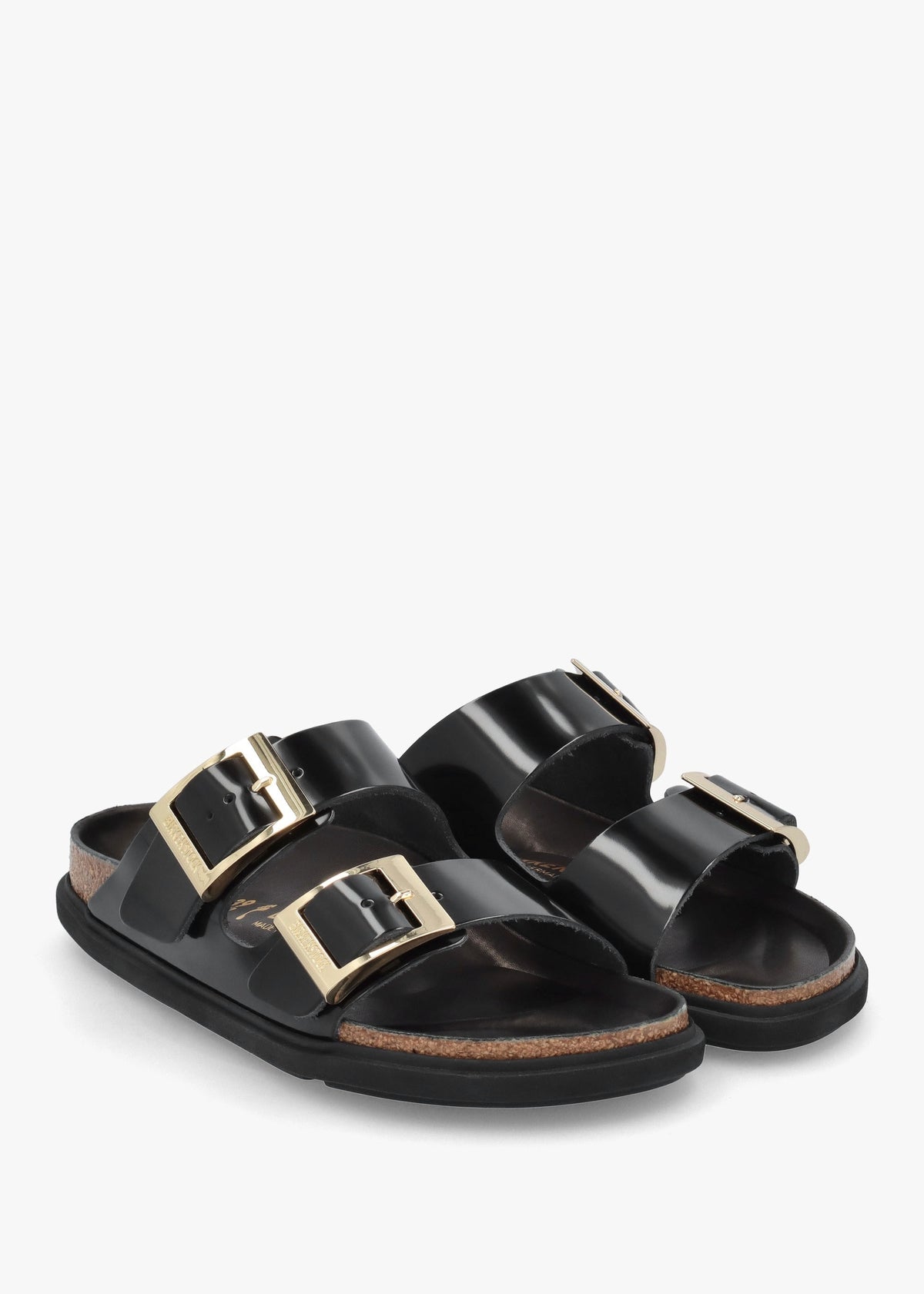 Arizona Droplet Buckle High Shine Black Natural Patent Leather Mules