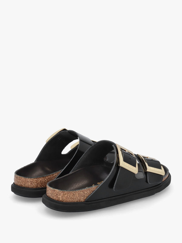 Arizona Droplet Buckle High Shine Black Natural Patent Leather Mules