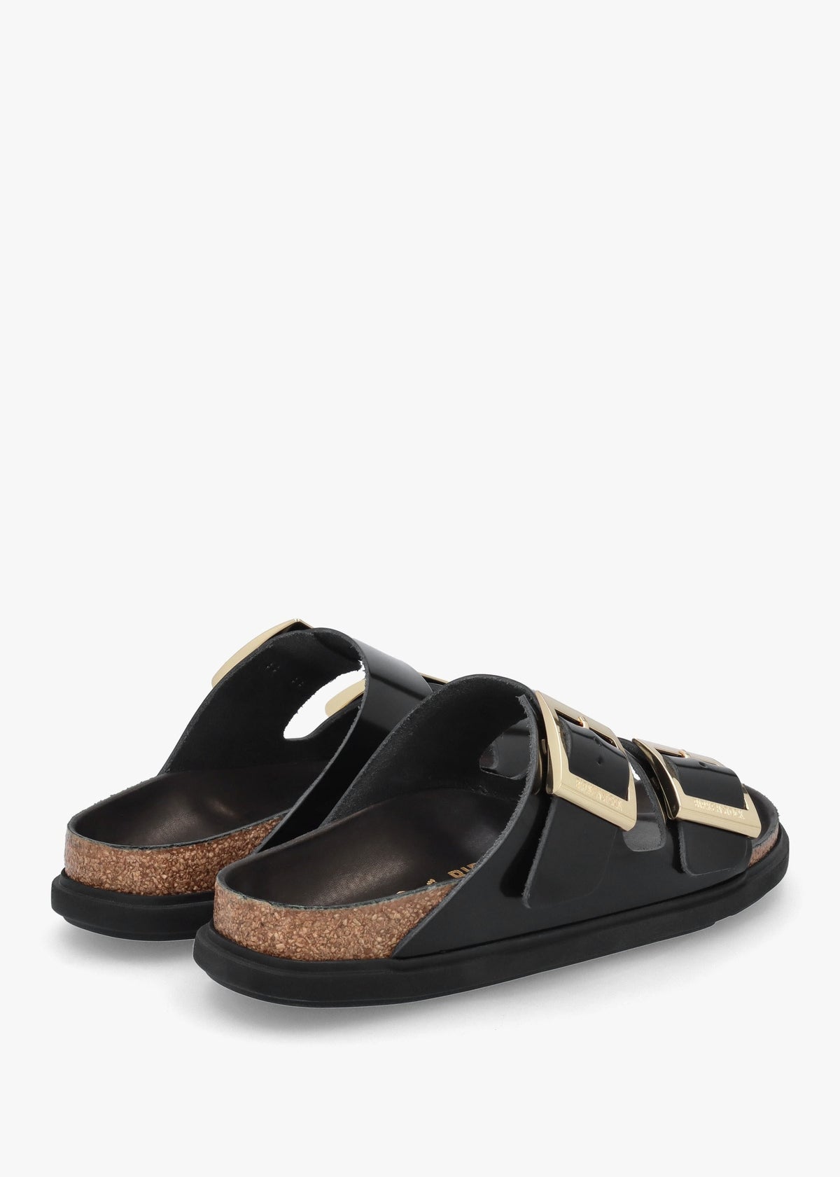 Arizona Droplet Buckle High Shine Black Natural Patent Leather Mules