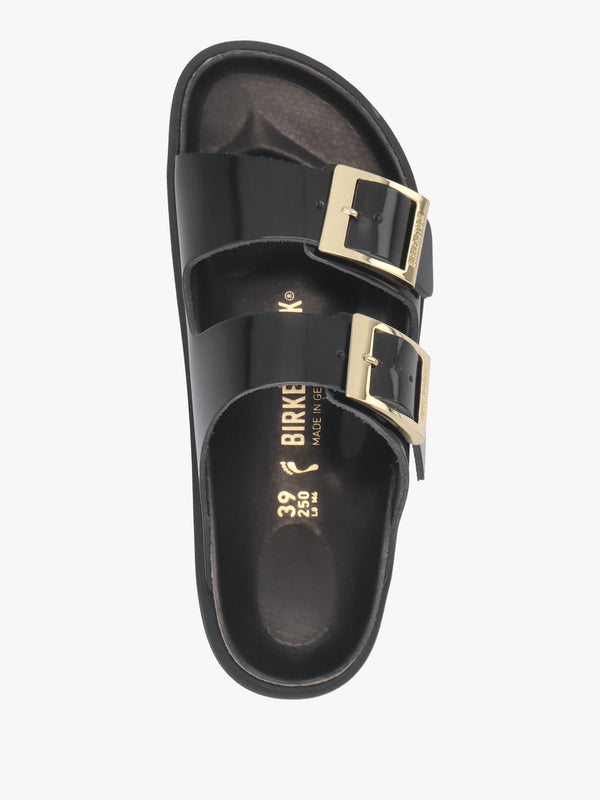 Arizona Droplet Buckle High Shine Black Natural Patent Leather Mules