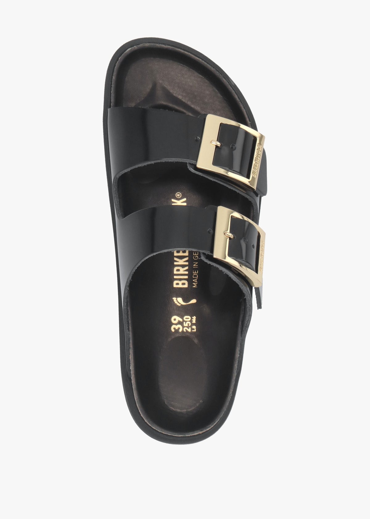 Arizona Droplet Buckle High Shine Black Natural Patent Leather Mules