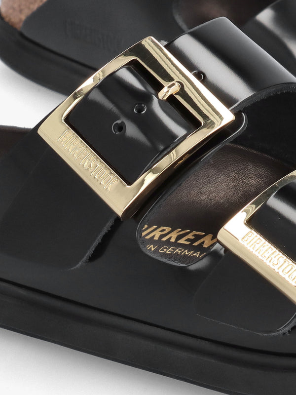 Arizona Droplet Buckle High Shine Black Natural Patent Leather Mules