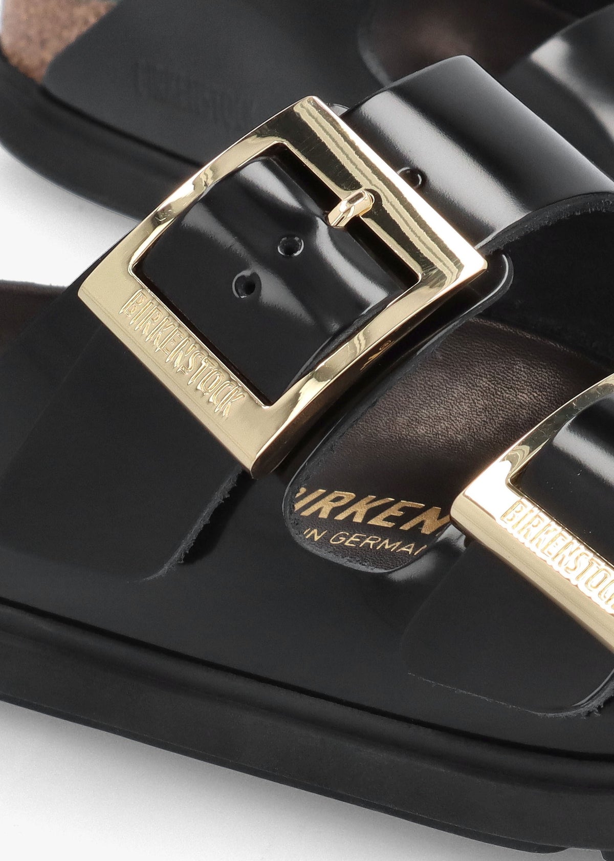 Arizona Droplet Buckle High Shine Black Natural Patent Leather Mules