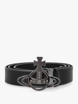 Line Gunmetal Orb Buckle Black Leather Belt