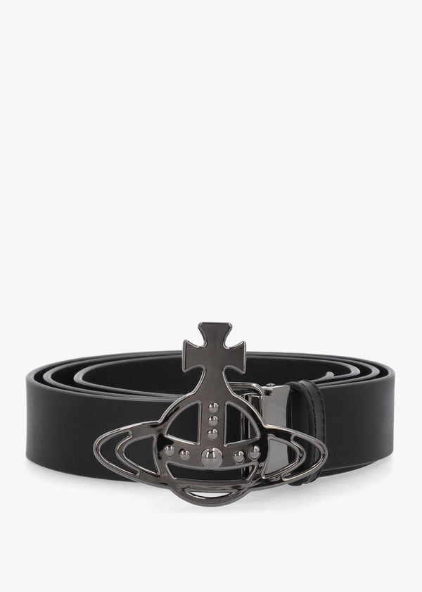 Line Gunmetal Orb Buckle Black Leather Belt
