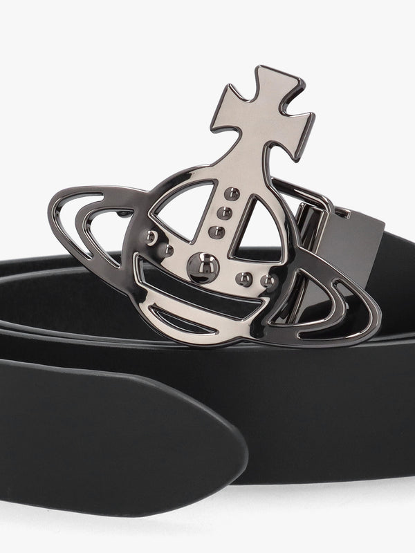 Line Gunmetal Orb Buckle Black Leather Belt
