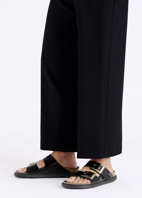 Arizona Droplet Buckle High Shine Black Natural Patent Leather Mules
