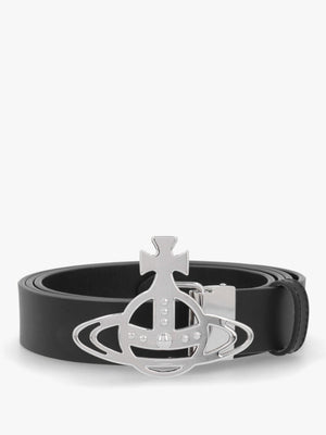 Line Silver Orb Buckle Black Leather Belt