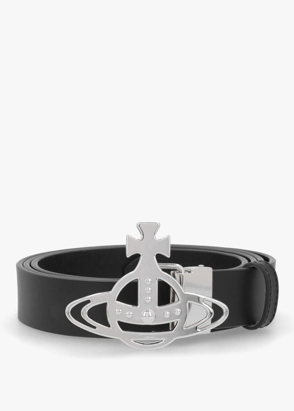 Line Silver Orb Buckle Black Leather Belt