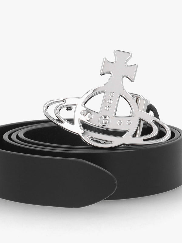 Line Silver Orb Buckle Black Leather Belt