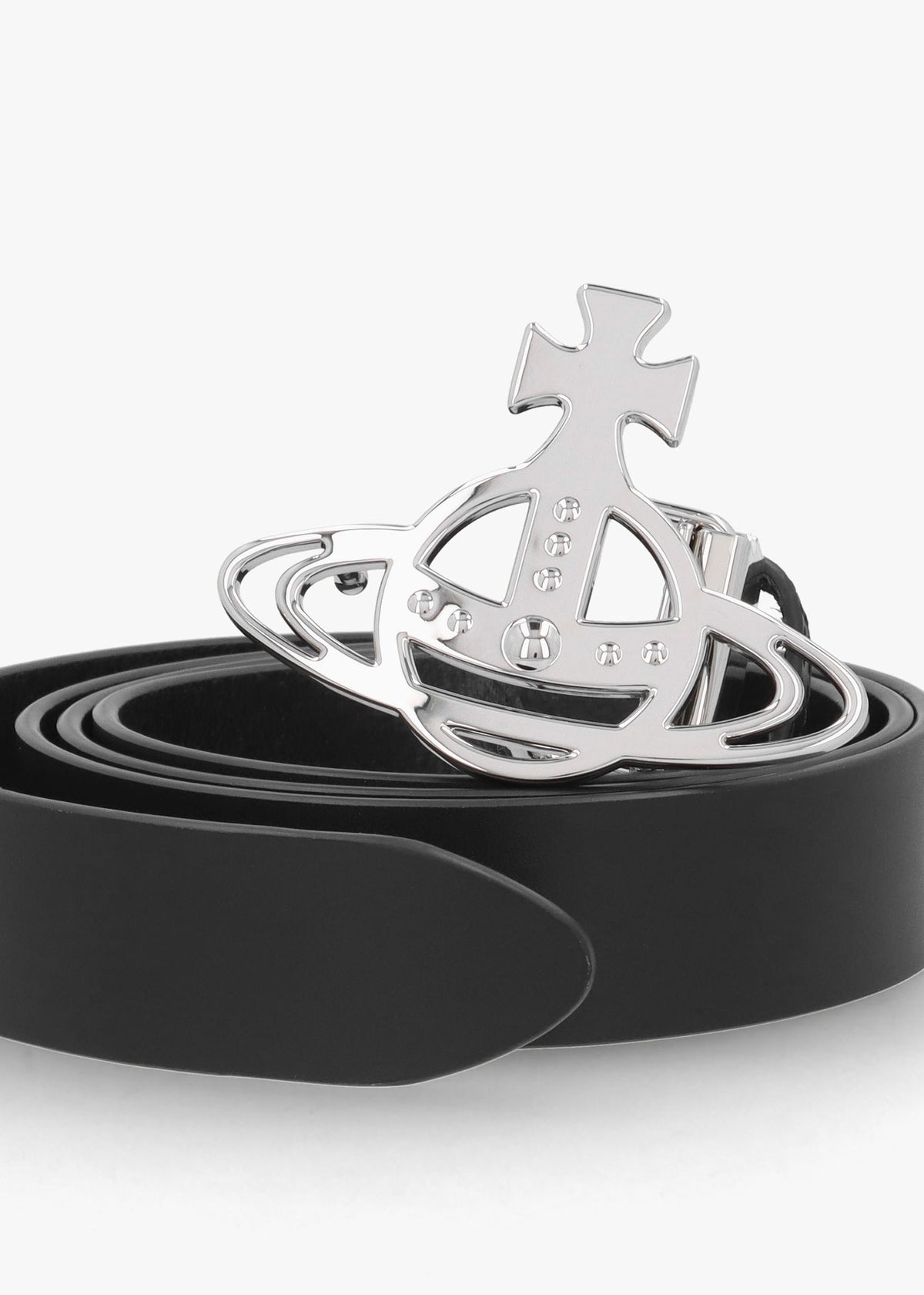 Line Silver Orb Buckle Black Leather Belt