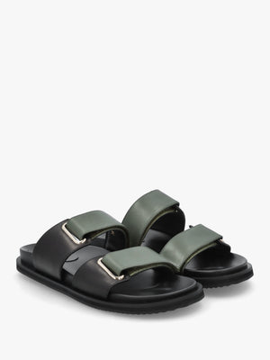 Pacey Black & Khaki Leather Two Bar Mules