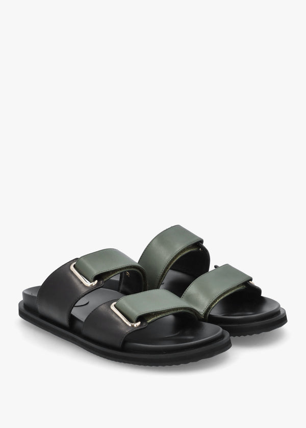 Pacey Black & Khaki Leather Two Bar Mules