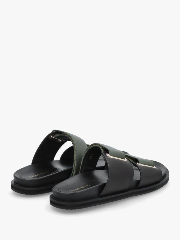 Pacey Black & Khaki Leather Two Bar Mules