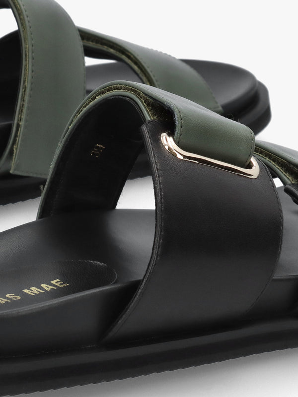 Pacey Black & Khaki Leather Two Bar Mules