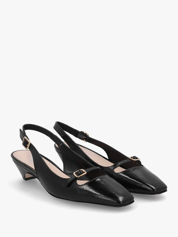 Nux Black Patent Leather Low Heel Court Shoes