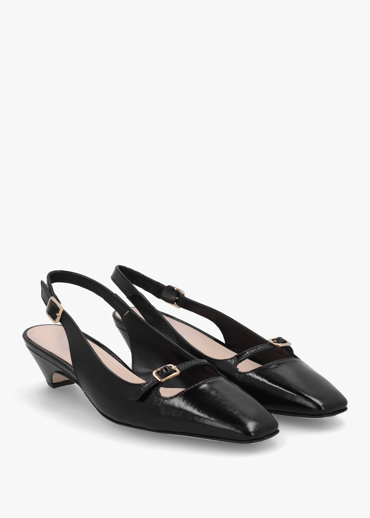 Nux Black Patent Leather Low Heel Court Shoes