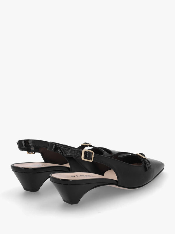 Nux Black Patent Leather Low Heel Court Shoes