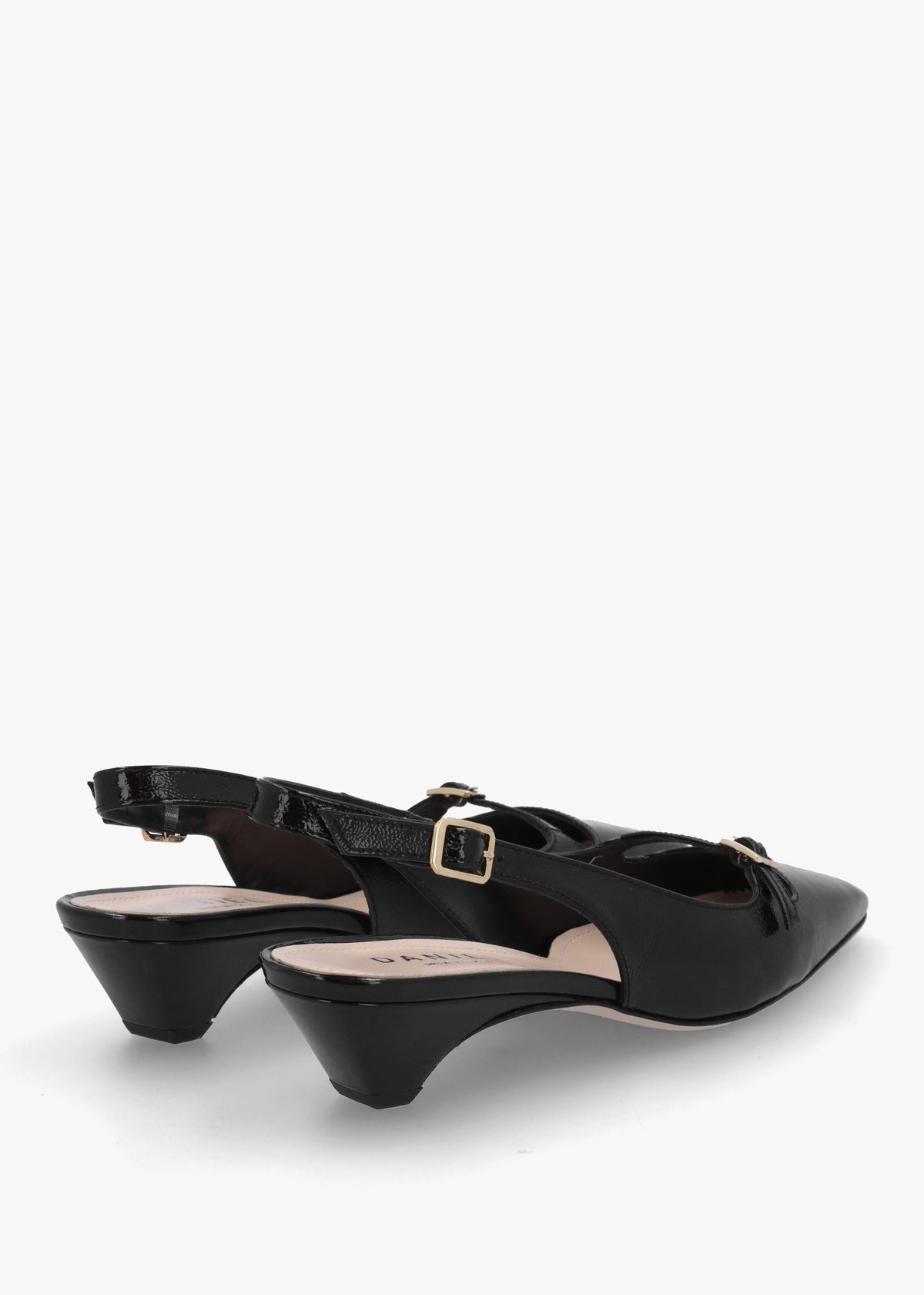 Nux Black Patent Leather Low Heel Court Shoes