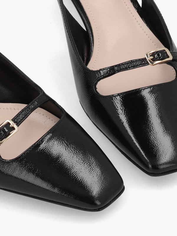 Nux Black Patent Leather Low Heel Court Shoes