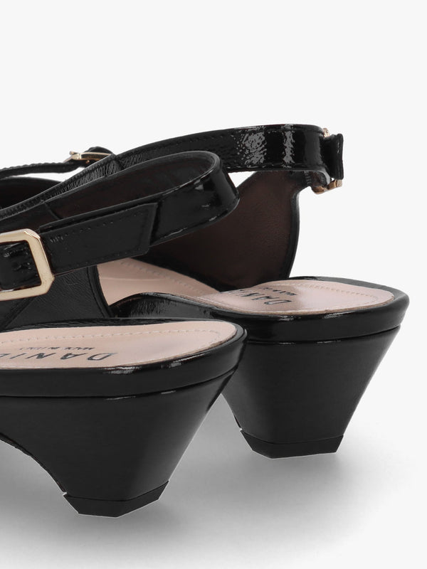 Nux Black Patent Leather Low Heel Court Shoes
