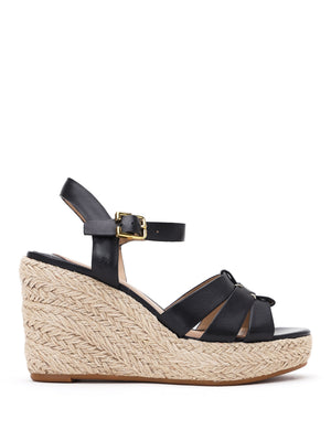 Soffia Black Calfskin Leather Wedge Espadrille Sandals