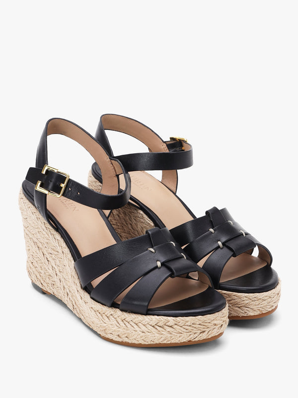 Soffia Black Calfskin Leather Wedge Espadrille Sandals