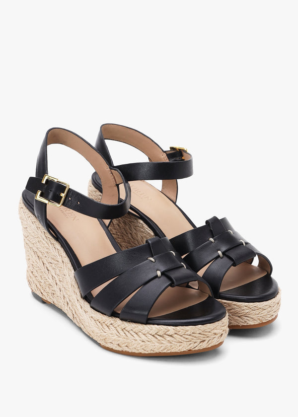 Soffia Black Calfskin Leather Wedge Espadrille Sandals