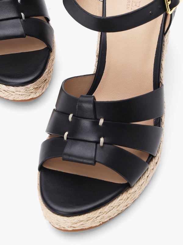 Soffia Black Calfskin Leather Wedge Espadrille Sandals