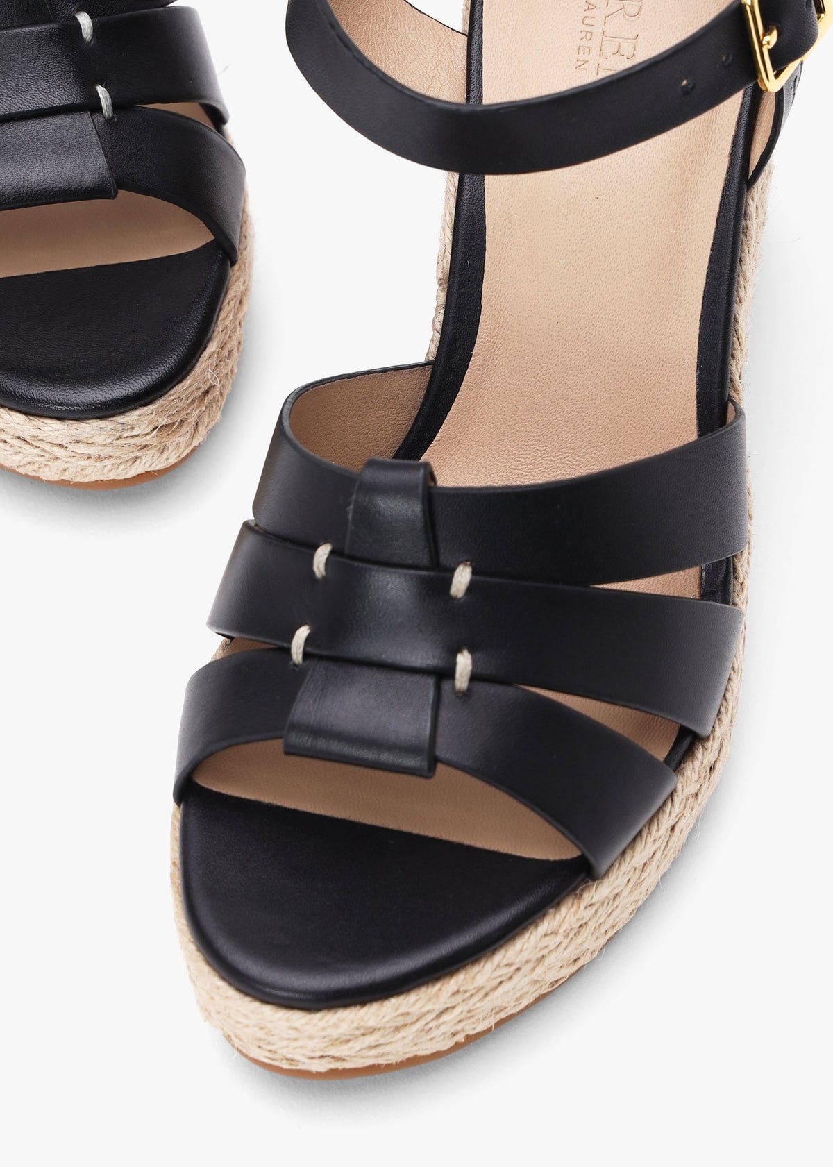 Soffia Black Calfskin Leather Wedge Espadrille Sandals