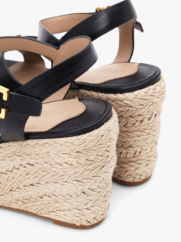 Soffia Black Calfskin Leather Wedge Espadrille Sandals