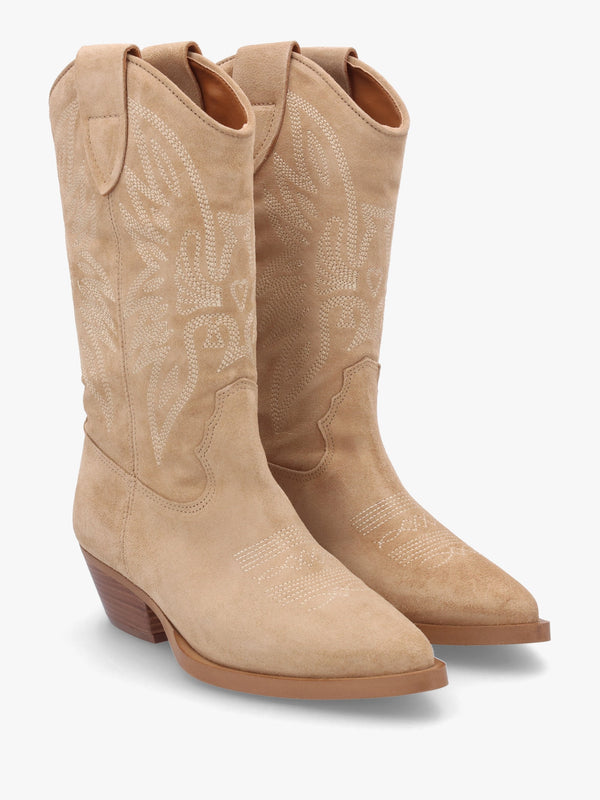 Page Beige Suede Western Stacked Heel Calf Boots