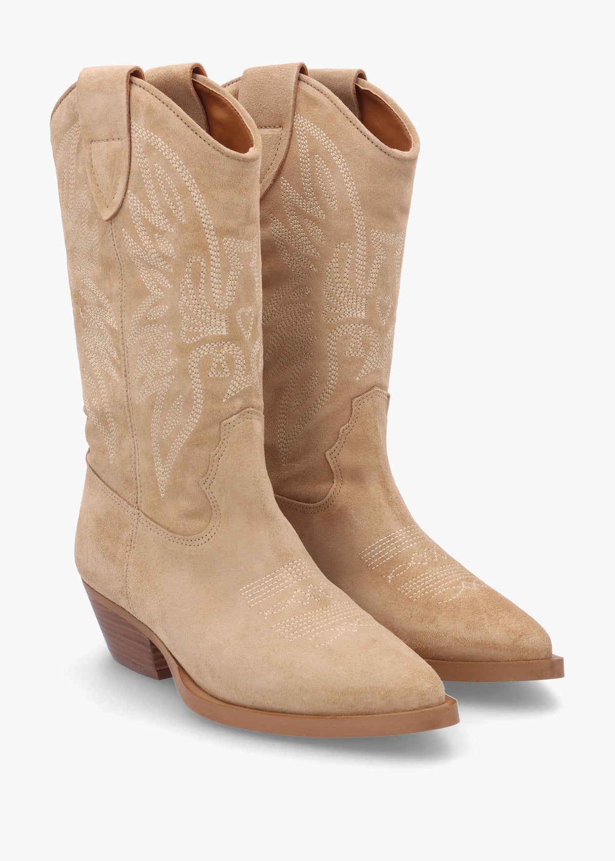 Page Beige Suede Western Stacked Heel Calf Boots