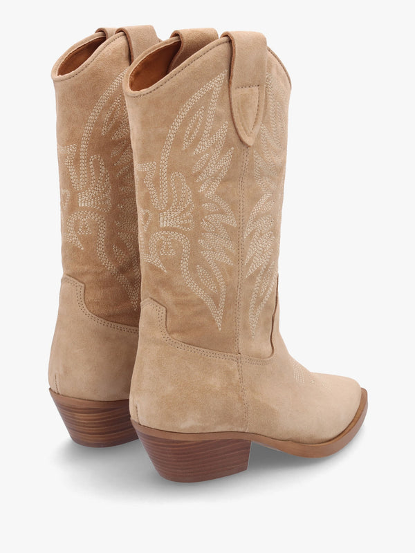 Page Beige Suede Western Stacked Heel Calf Boots