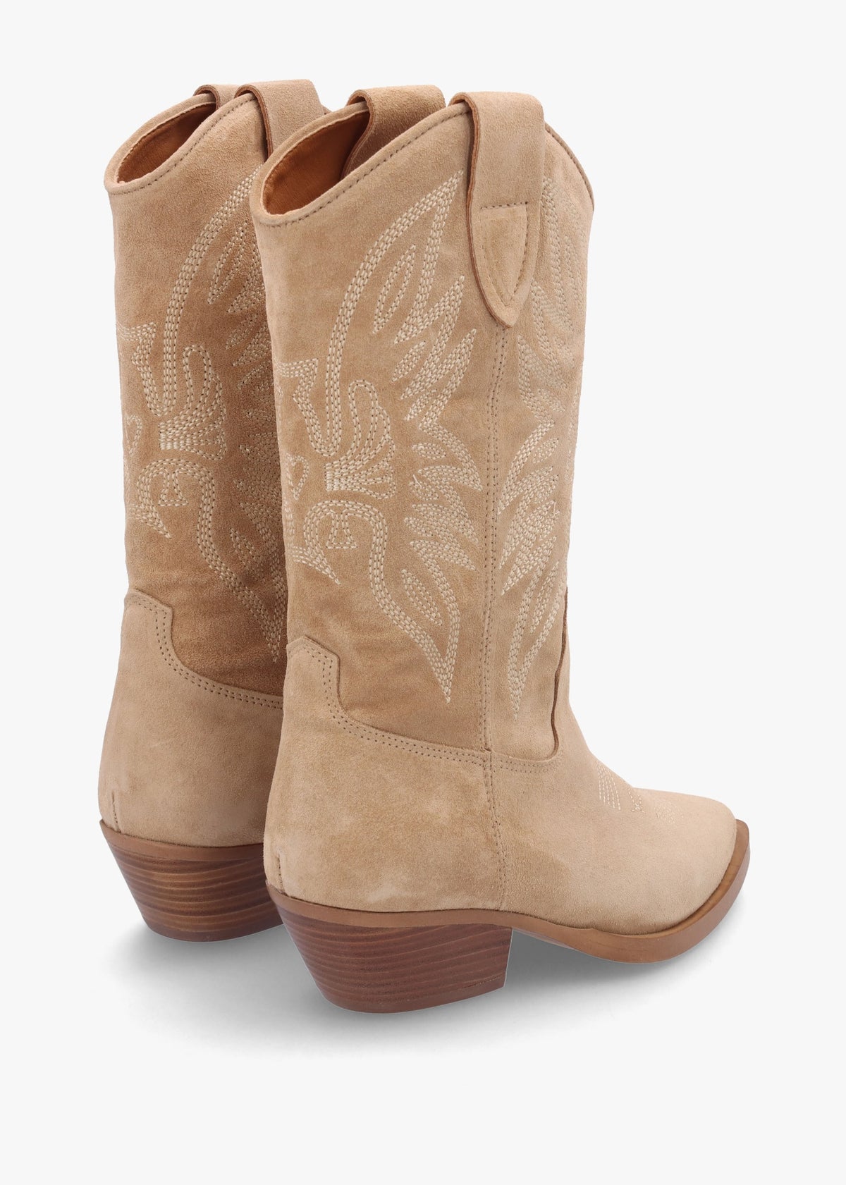 Page Beige Suede Western Stacked Heel Calf Boots