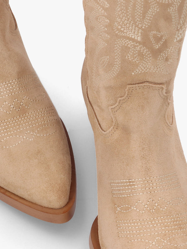 Page Beige Suede Western Stacked Heel Calf Boots