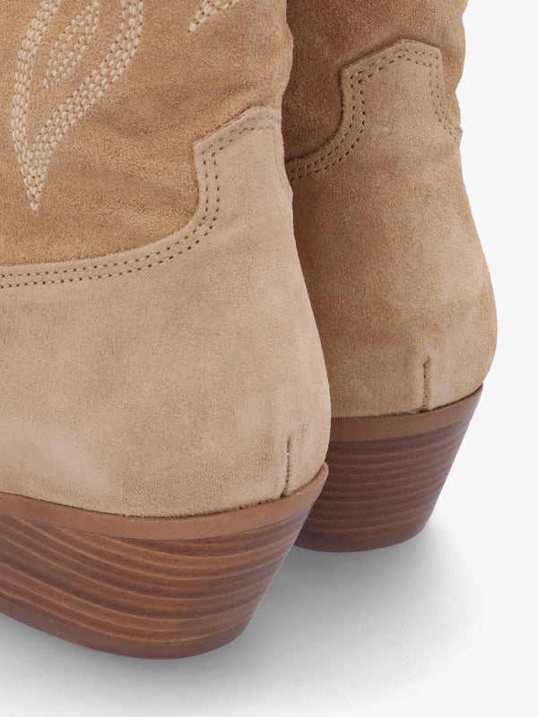 Page Beige Suede Western Stacked Heel Calf Boots