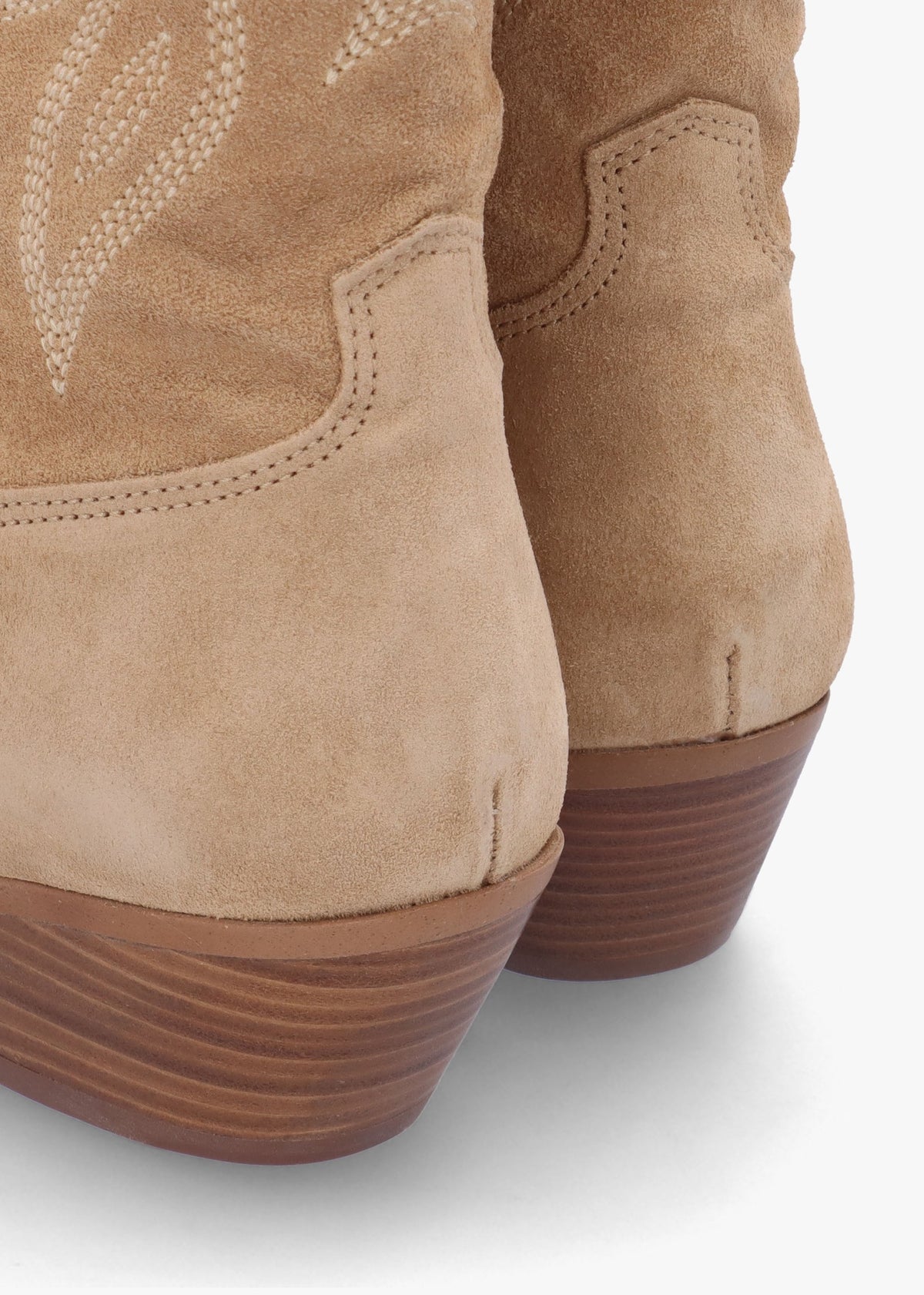 Page Beige Suede Western Stacked Heel Calf Boots