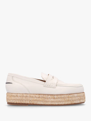 Campion White Leather Raffia Trim Loafers