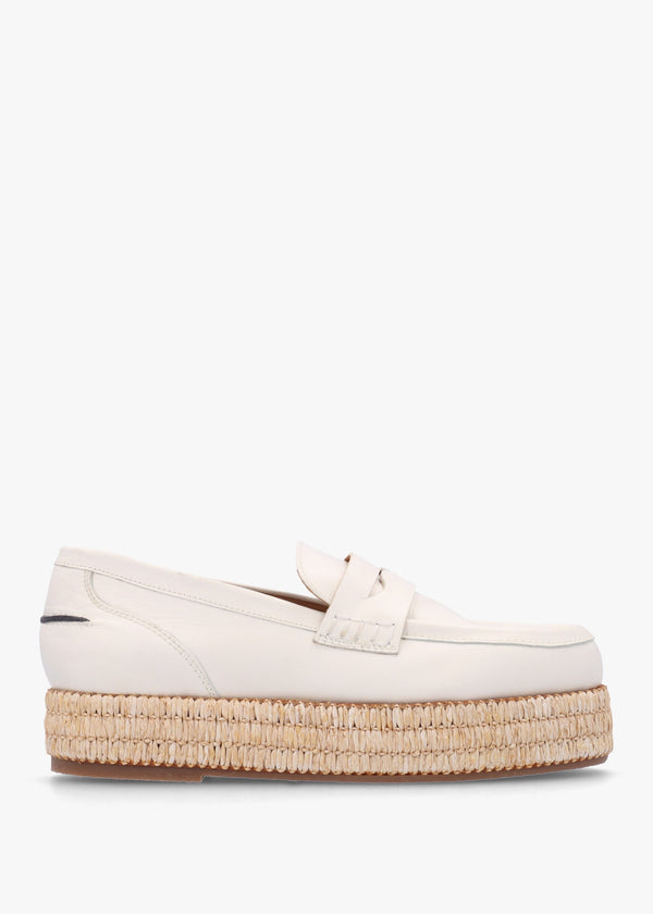 Campion White Leather Raffia Trim Loafers